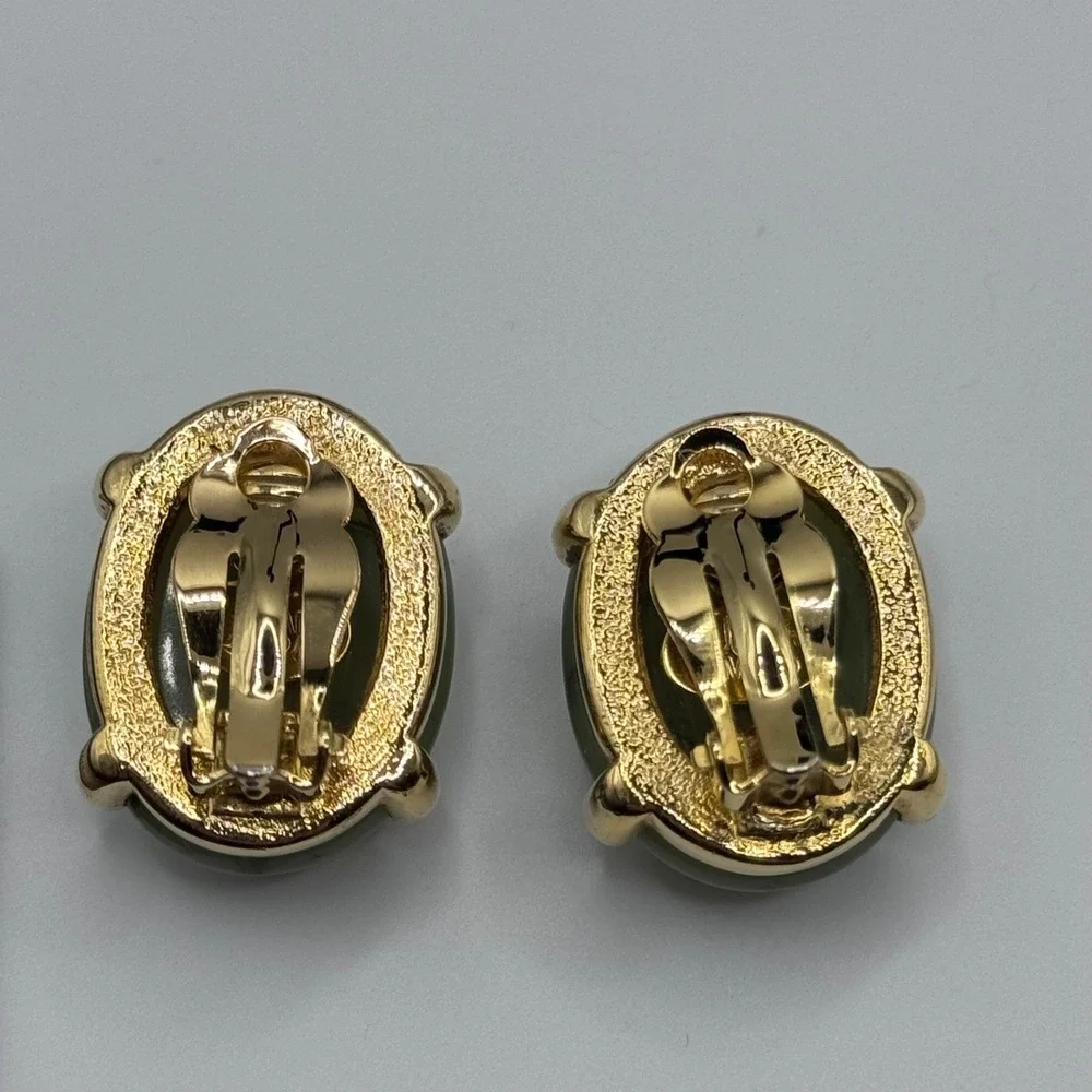 Joan Rivers Earrings Green Acrylic Cabochon Gold Tone Clip On